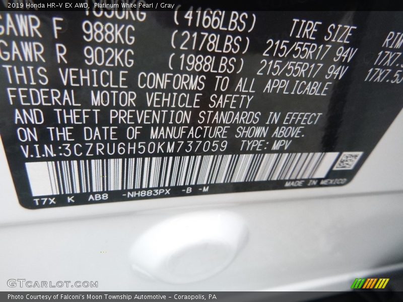 Platinum White Pearl / Gray 2019 Honda HR-V EX AWD