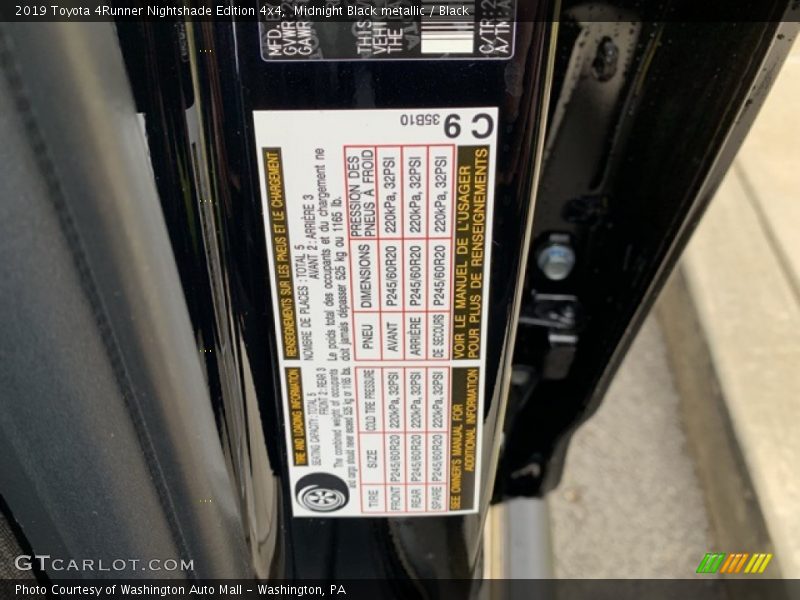 Info Tag of 2019 4Runner Nightshade Edition 4x4