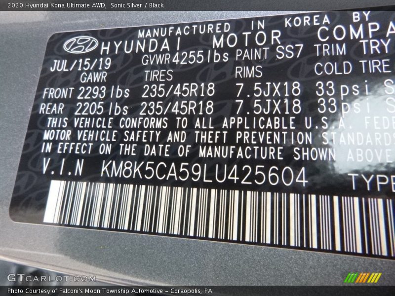 Sonic Silver / Black 2020 Hyundai Kona Ultimate AWD