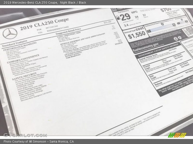  2019 CLA 250 Coupe Window Sticker