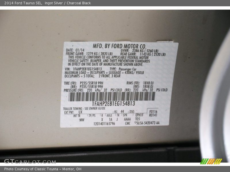 Ingot Silver / Charcoal Black 2014 Ford Taurus SEL