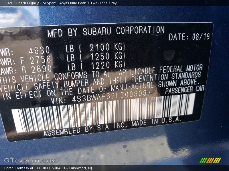 Abyss Blue Pearl / Two-Tone Gray 2020 Subaru Legacy 2.5i Sport