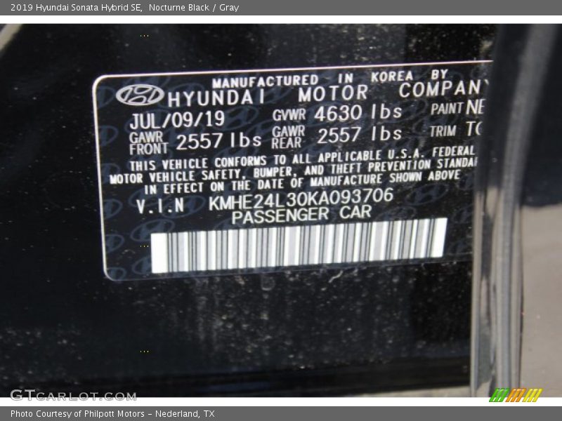 Nocturne Black / Gray 2019 Hyundai Sonata Hybrid SE