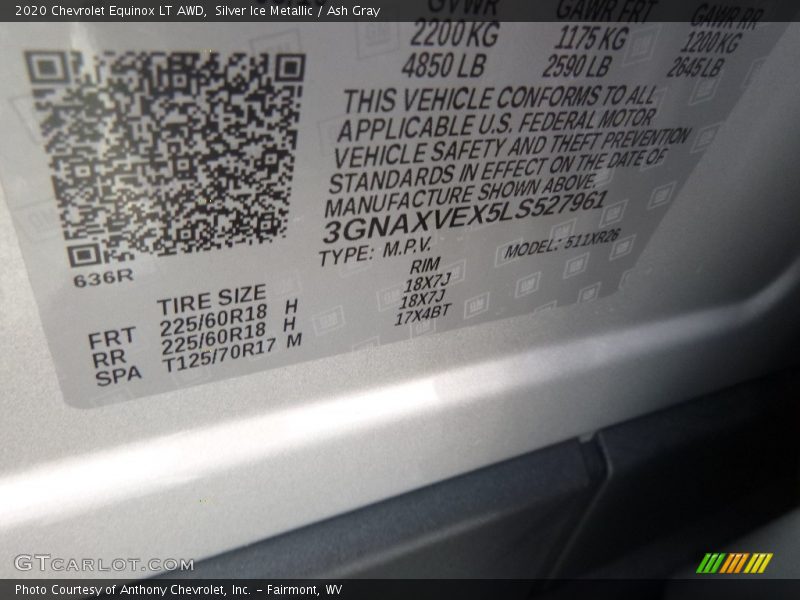 Silver Ice Metallic / Ash Gray 2020 Chevrolet Equinox LT AWD
