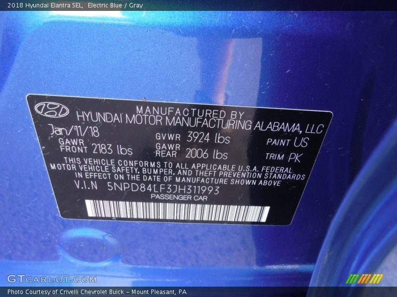 Electric Blue / Gray 2018 Hyundai Elantra SEL