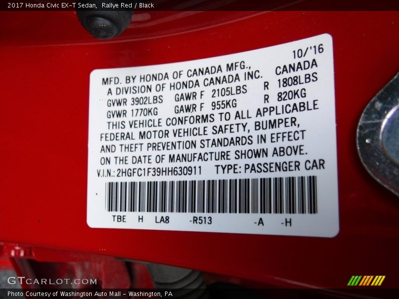 Rallye Red / Black 2017 Honda Civic EX-T Sedan