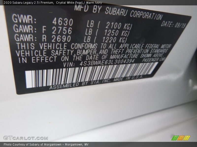 Crystal White Pearl / Warm Ivory 2020 Subaru Legacy 2.5i Premium