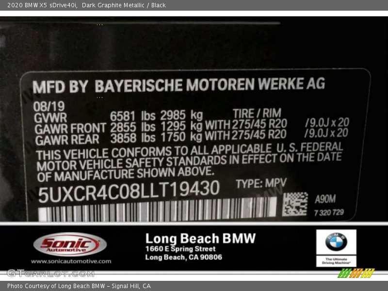 Dark Graphite Metallic / Black 2020 BMW X5 sDrive40i