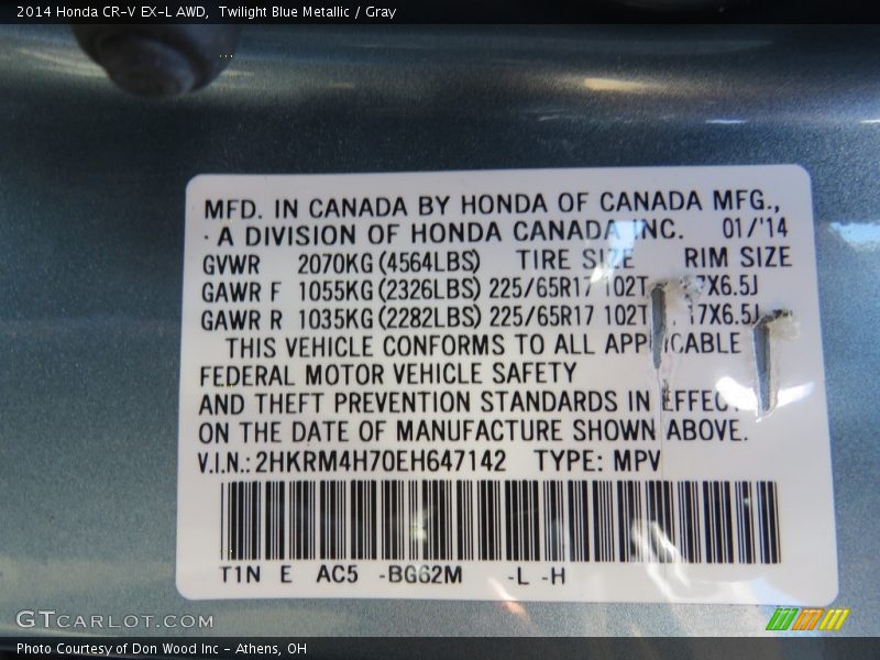 Twilight Blue Metallic / Gray 2014 Honda CR-V EX-L AWD