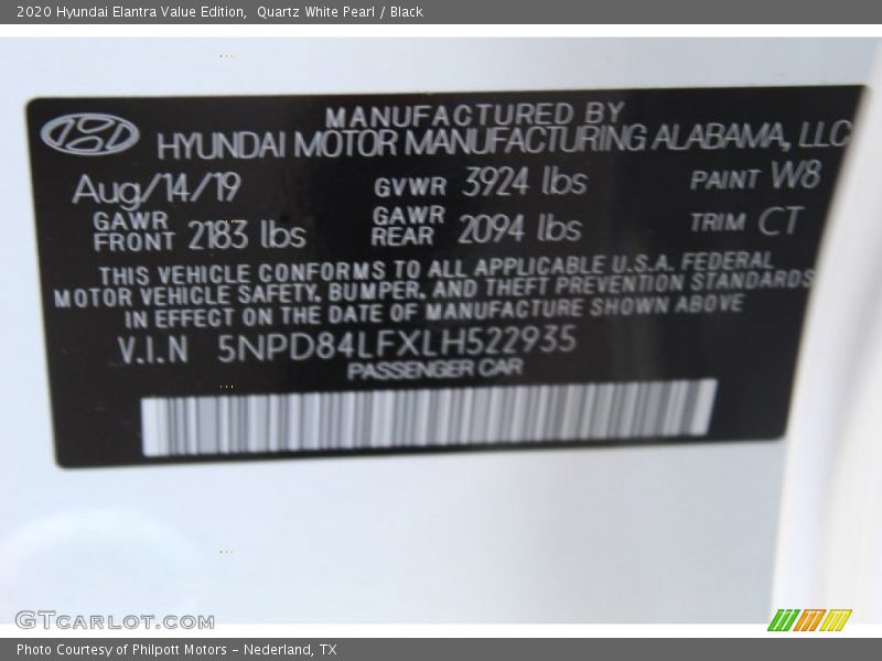 Quartz White Pearl / Black 2020 Hyundai Elantra Value Edition