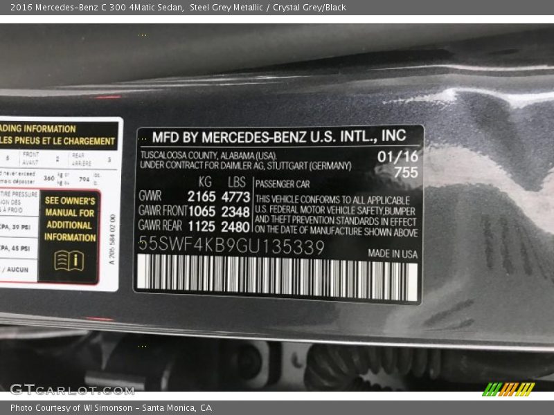 Steel Grey Metallic / Crystal Grey/Black 2016 Mercedes-Benz C 300 4Matic Sedan