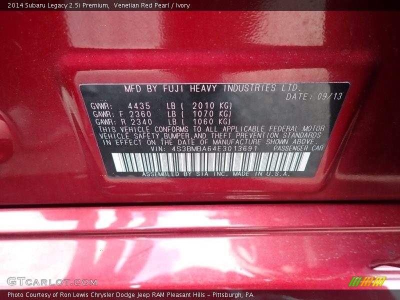 Venetian Red Pearl / Ivory 2014 Subaru Legacy 2.5i Premium