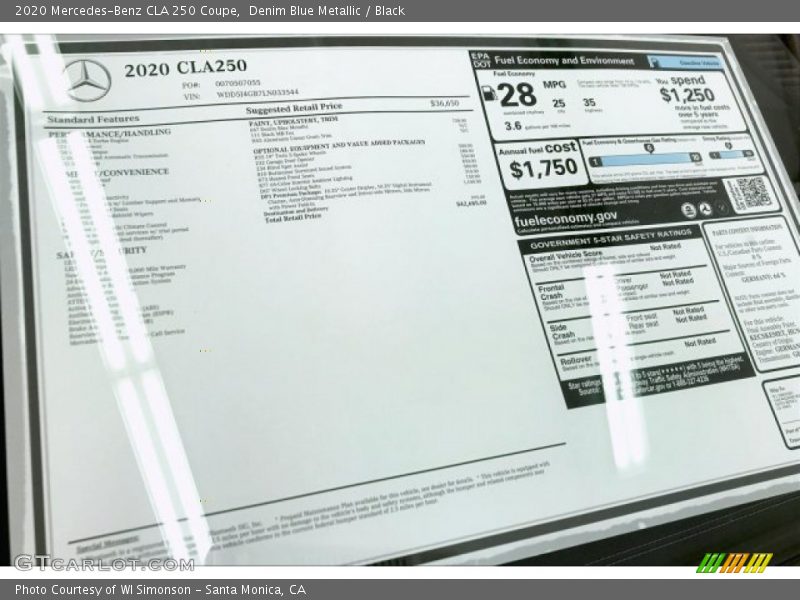  2020 CLA 250 Coupe Window Sticker
