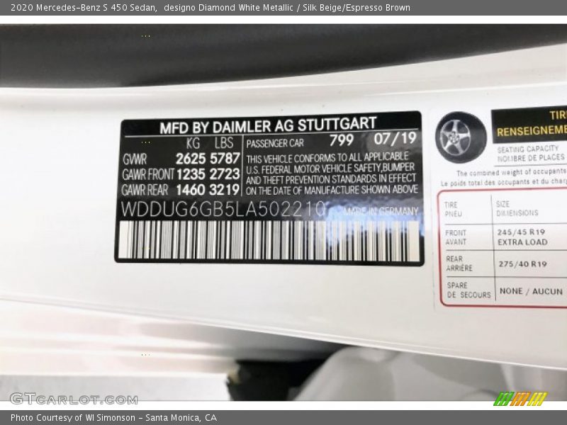 2020 S 450 Sedan designo Diamond White Metallic Color Code 799