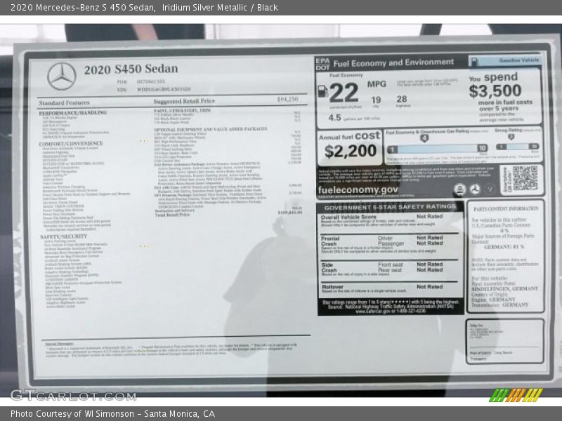  2020 S 450 Sedan Window Sticker