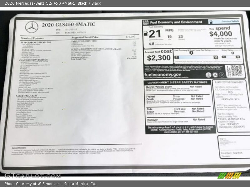  2020 GLS 450 4Matic Window Sticker