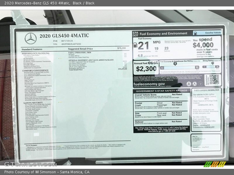  2020 GLS 450 4Matic Window Sticker
