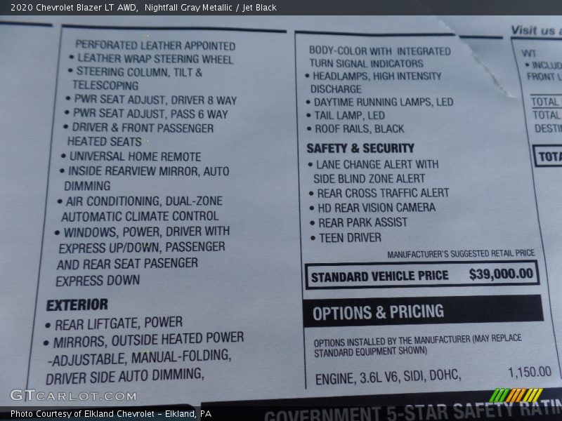  2020 Blazer LT AWD Window Sticker