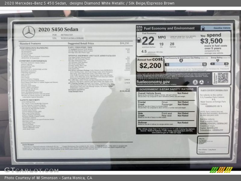  2020 S 450 Sedan Window Sticker