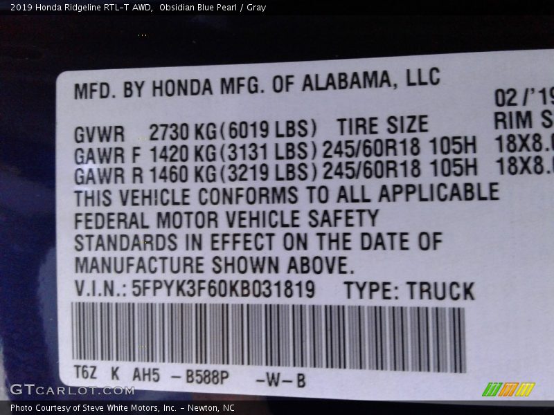 Obsidian Blue Pearl / Gray 2019 Honda Ridgeline RTL-T AWD