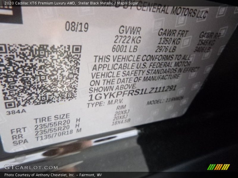 Stellar Black Metallic / Maple Sugar 2020 Cadillac XT6 Premium Luxury AWD