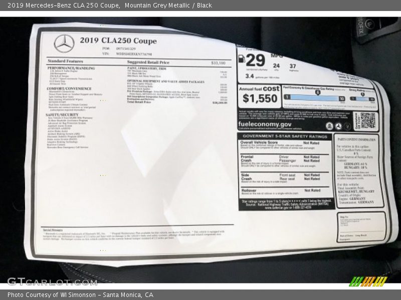 Mountain Grey Metallic / Black 2019 Mercedes-Benz CLA 250 Coupe