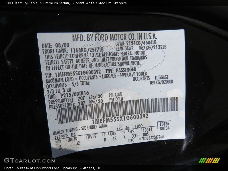 Vibrant White / Medium Graphite 2001 Mercury Sable LS Premium Sedan