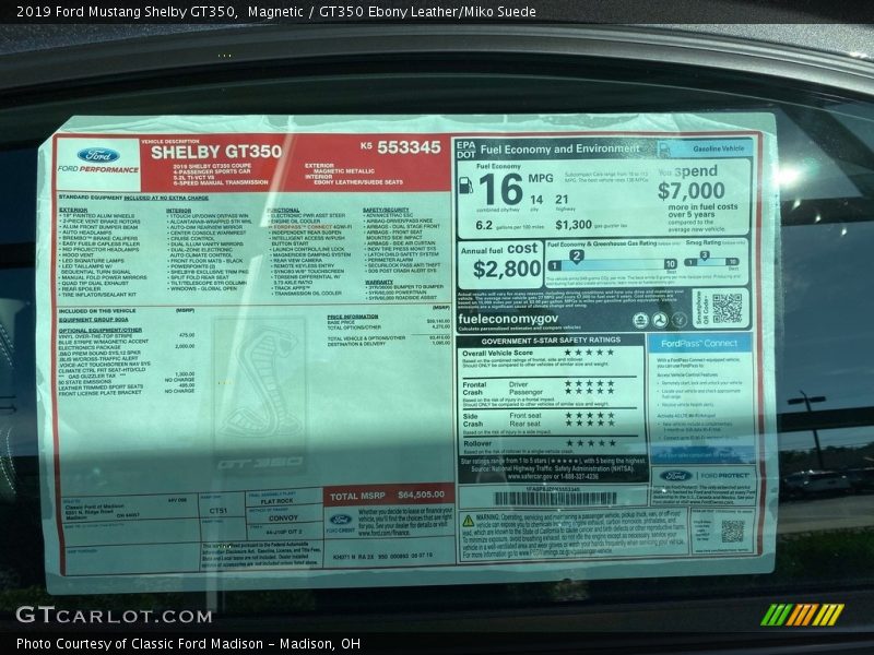  2019 Mustang Shelby GT350 Window Sticker