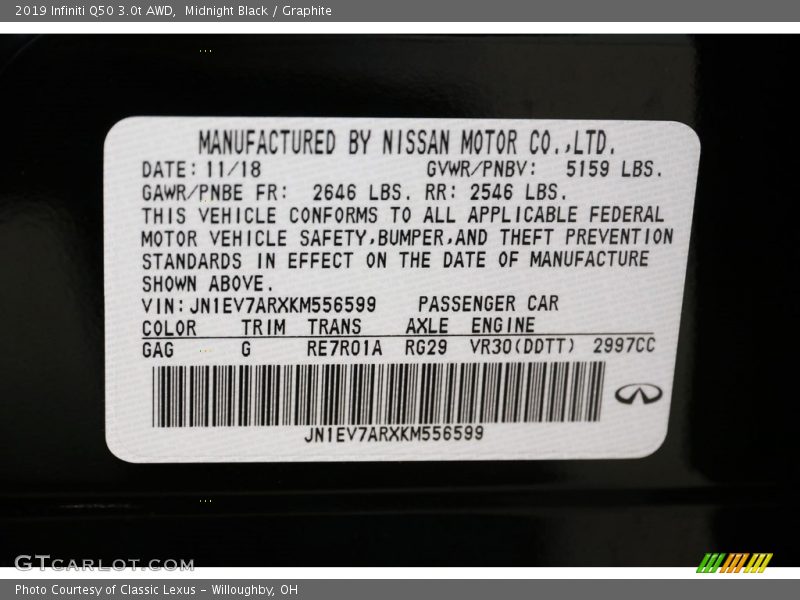 2019 Q50 3.0t AWD Midnight Black Color Code GAG
