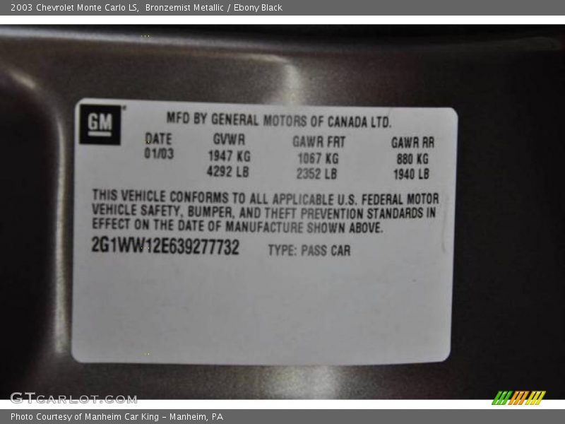 Bronzemist Metallic / Ebony Black 2003 Chevrolet Monte Carlo LS