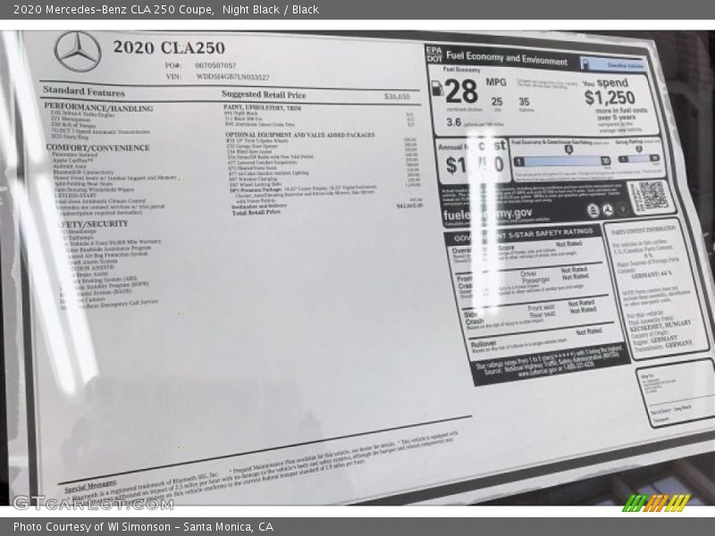  2020 CLA 250 Coupe Window Sticker