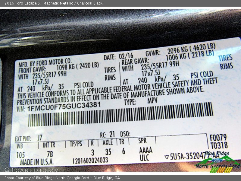 Magnetic Metallic / Charcoal Black 2016 Ford Escape S