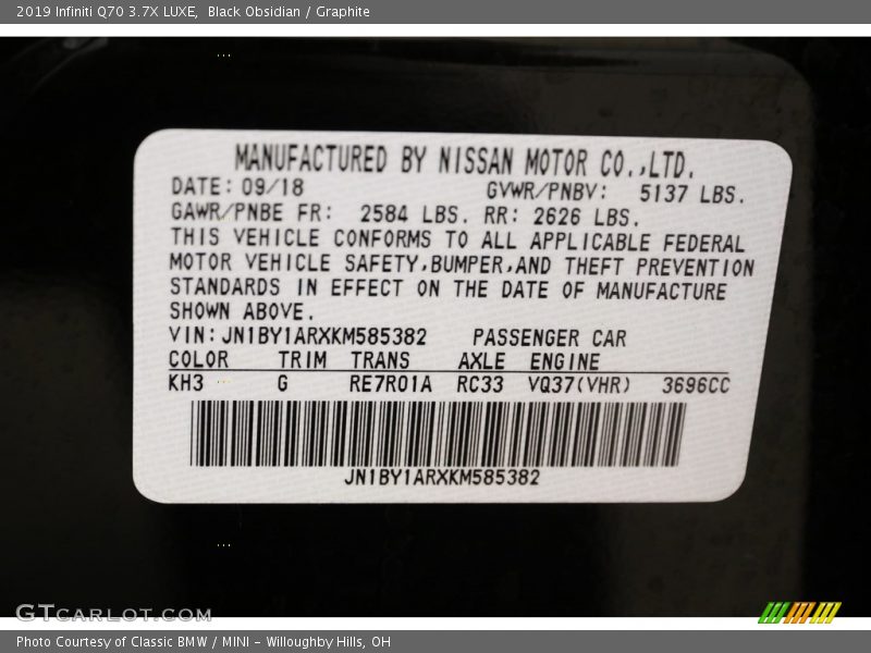 2019 Q70 3.7X LUXE Black Obsidian Color Code KH3