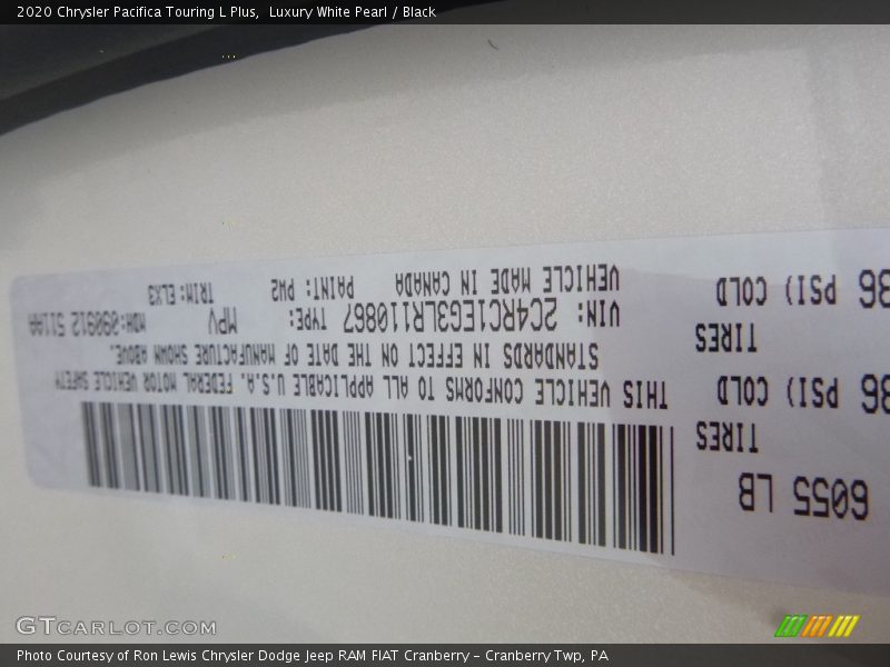 2020 Pacifica Touring L Plus Luxury White Pearl Color Code PW2
