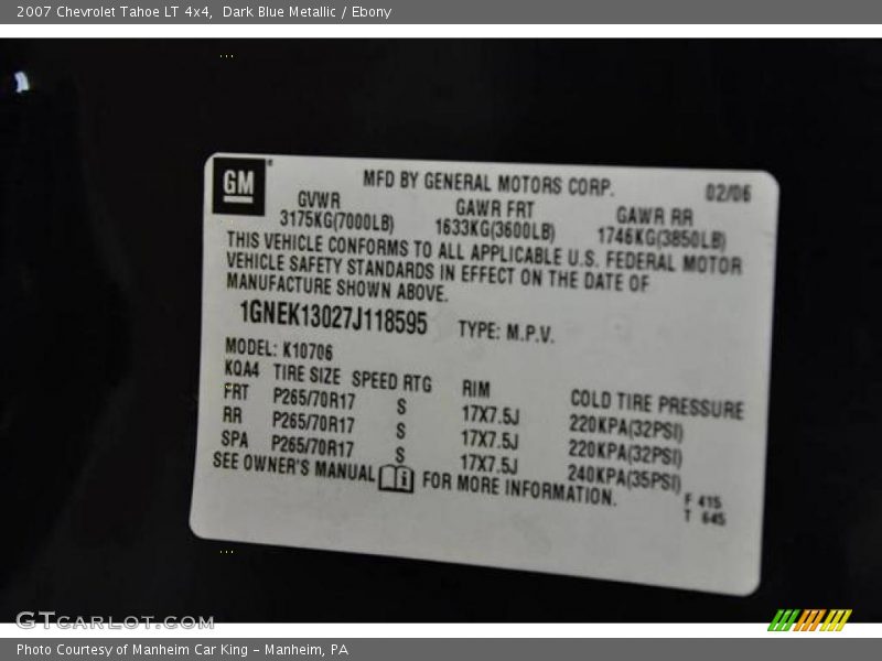 Dark Blue Metallic / Ebony 2007 Chevrolet Tahoe LT 4x4