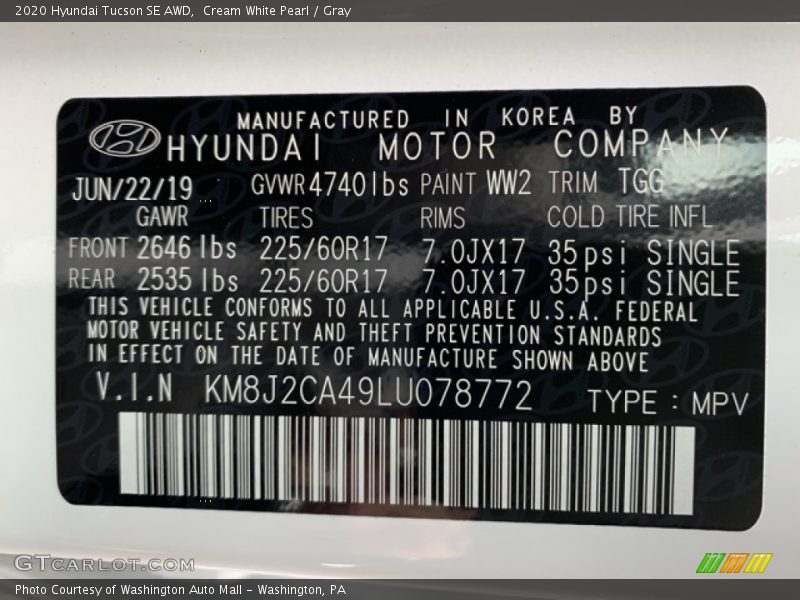 Cream White Pearl / Gray 2020 Hyundai Tucson SE AWD