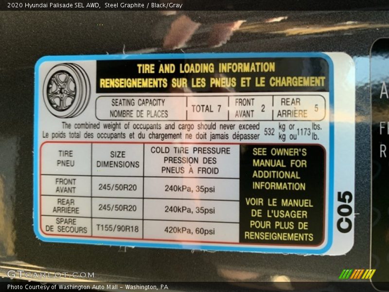 Info Tag of 2020 Palisade SEL AWD