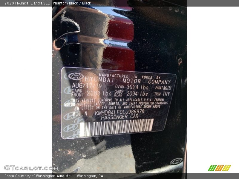 Phantom Black / Black 2020 Hyundai Elantra SEL