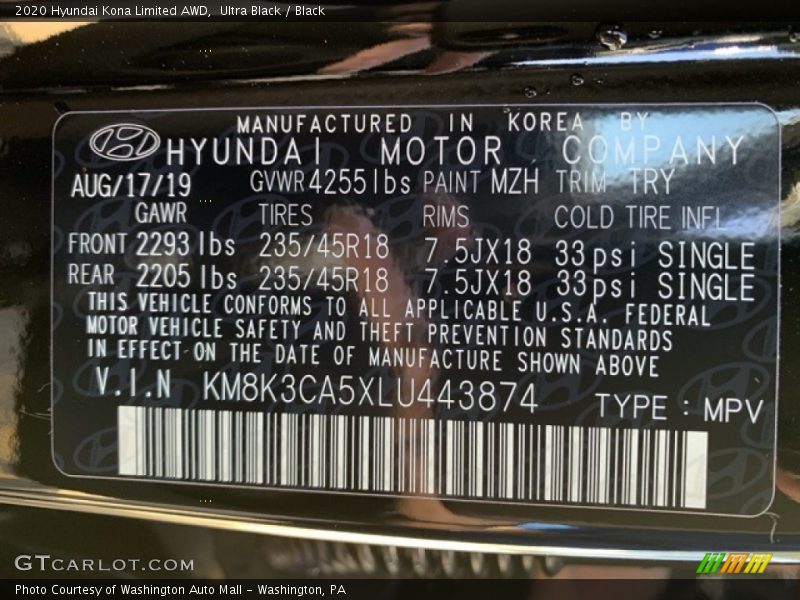 Ultra Black / Black 2020 Hyundai Kona Limited AWD