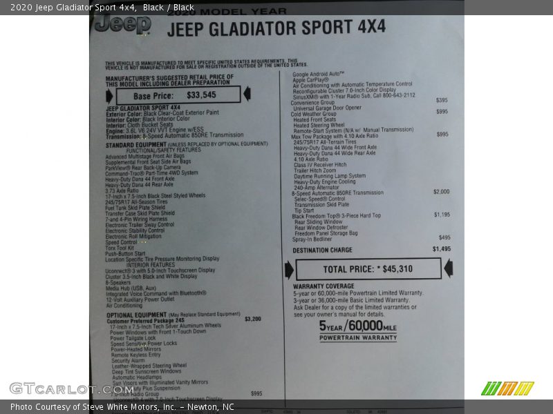 Black / Black 2020 Jeep Gladiator Sport 4x4