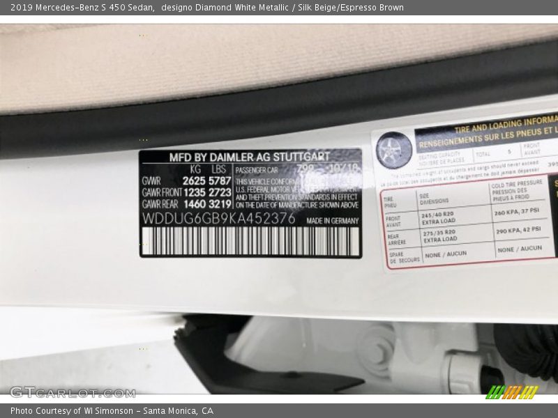 designo Diamond White Metallic / Silk Beige/Espresso Brown 2019 Mercedes-Benz S 450 Sedan