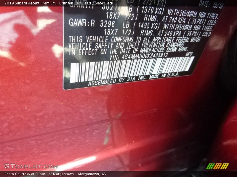 Crimson Red Pearl / Slate Black 2019 Subaru Ascent Premium