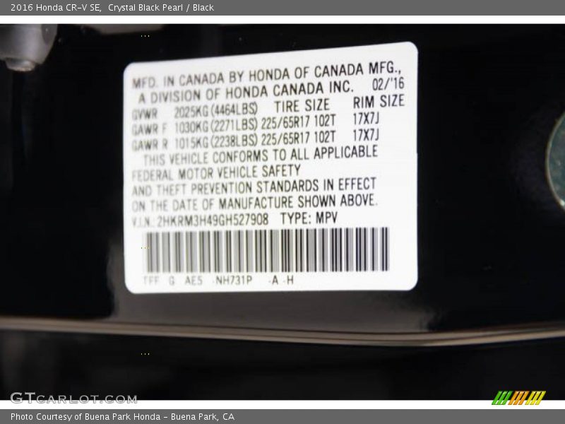 Crystal Black Pearl / Black 2016 Honda CR-V SE