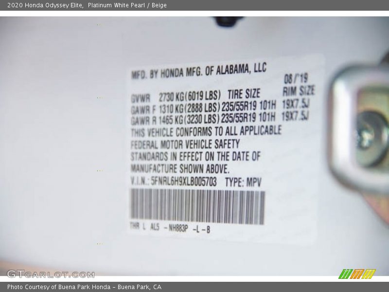 Platinum White Pearl / Beige 2020 Honda Odyssey Elite