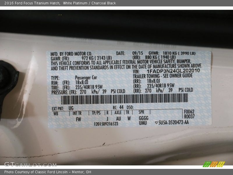 White Platinum / Charcoal Black 2016 Ford Focus Titanium Hatch