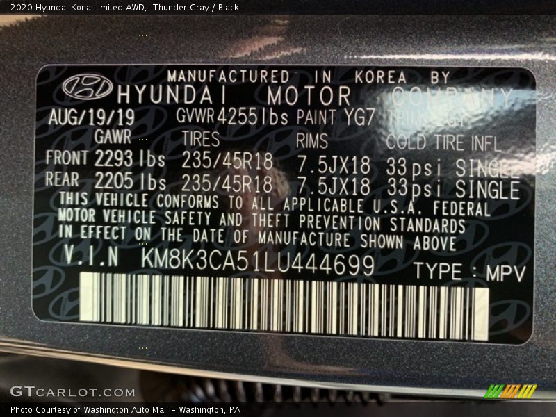 2020 Kona Limited AWD Thunder Gray Color Code YG7