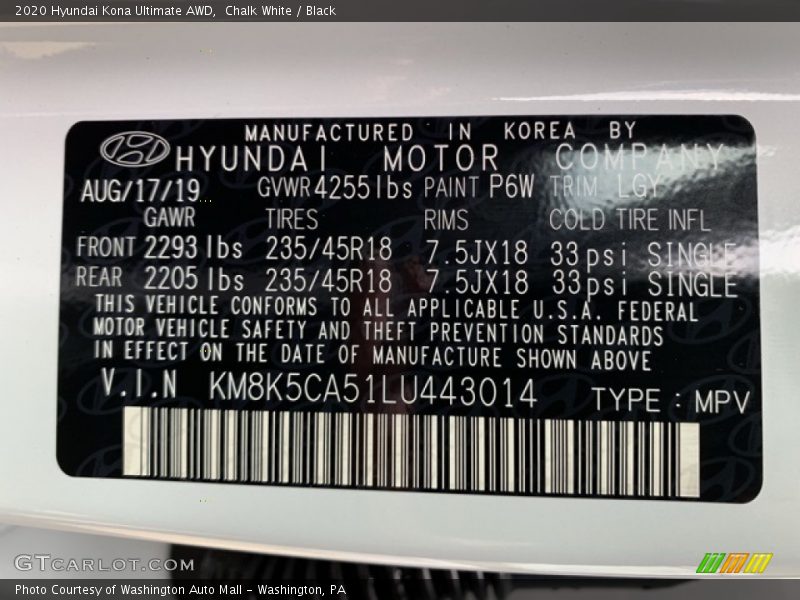 Chalk White / Black 2020 Hyundai Kona Ultimate AWD