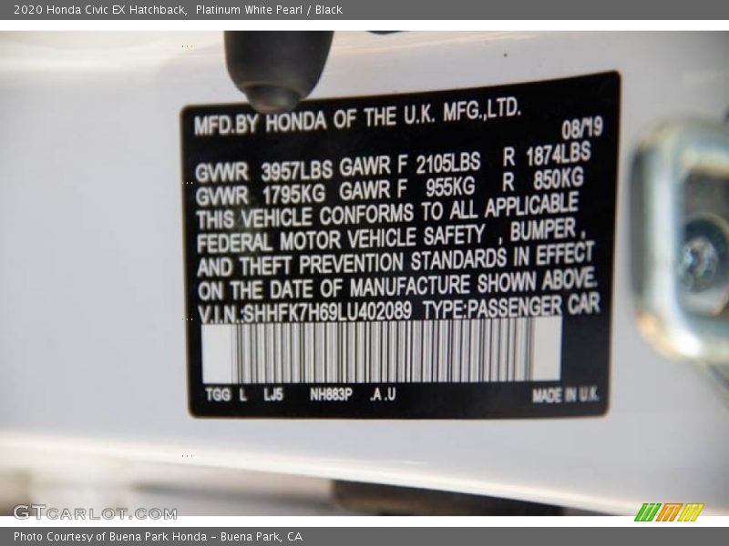 Platinum White Pearl / Black 2020 Honda Civic EX Hatchback