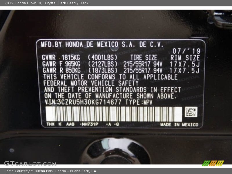 Crystal Black Pearl / Black 2019 Honda HR-V LX