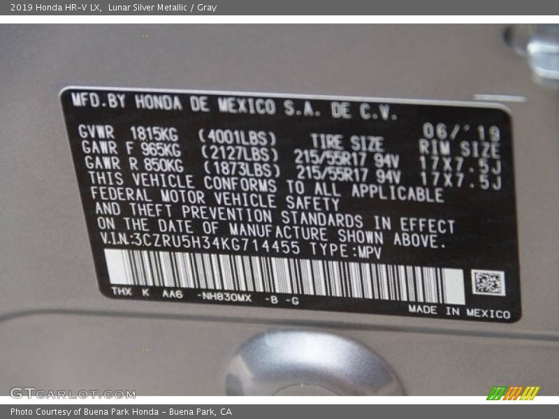 Lunar Silver Metallic / Gray 2019 Honda HR-V LX